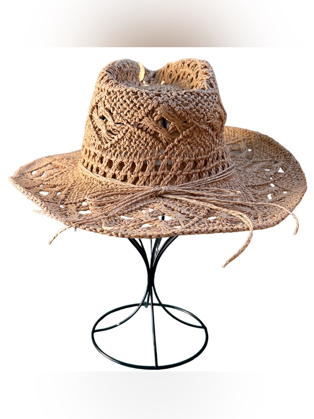 Handwoven straw cowgirl hat in tan
